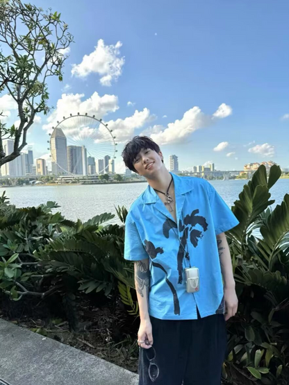 saferido 2024 Spring Summer New Fashionable Coconut Tree Print Graffiti Holiday Style Hawaiian Shirt Blue Short-Sleeved Shirt Top For Men