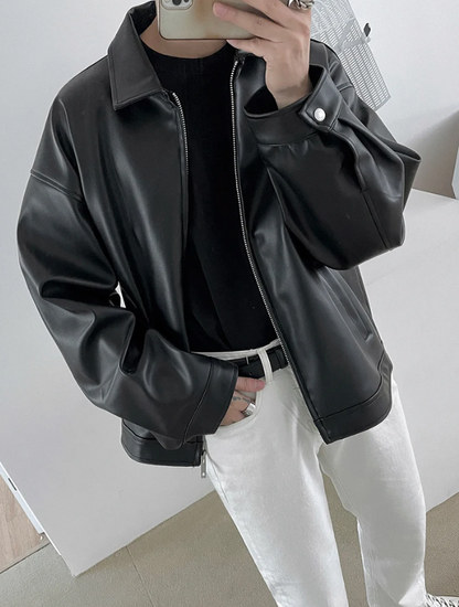 saferido Streetwear Trendy Loose-fit Leather Jacket Autumn Spring Japanese Style Casual Biker Jacket For Students Lapel Motorcycle Clothing