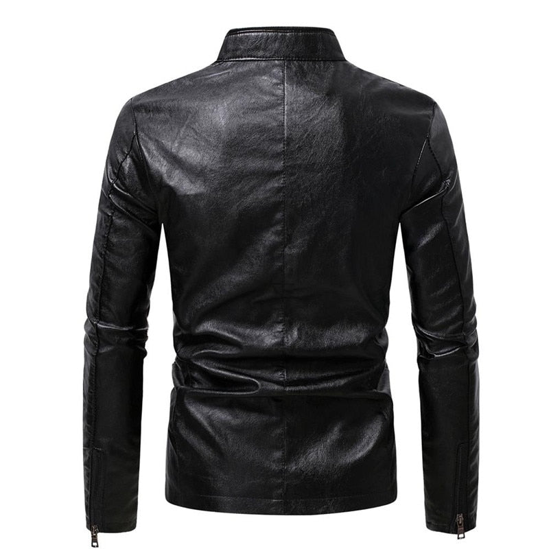 Winter Fleece Leather Jacket Men PU Faux Warm Suede Fashion Stand Collar Casual Solid Motorcycle Leather Jackets Coat Men