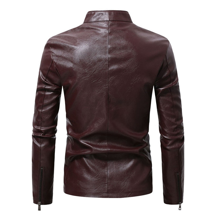 Winter Fleece Leather Jacket Men PU Faux Warm Suede Fashion Stand Collar Casual Solid Motorcycle Leather Jackets Coat Men