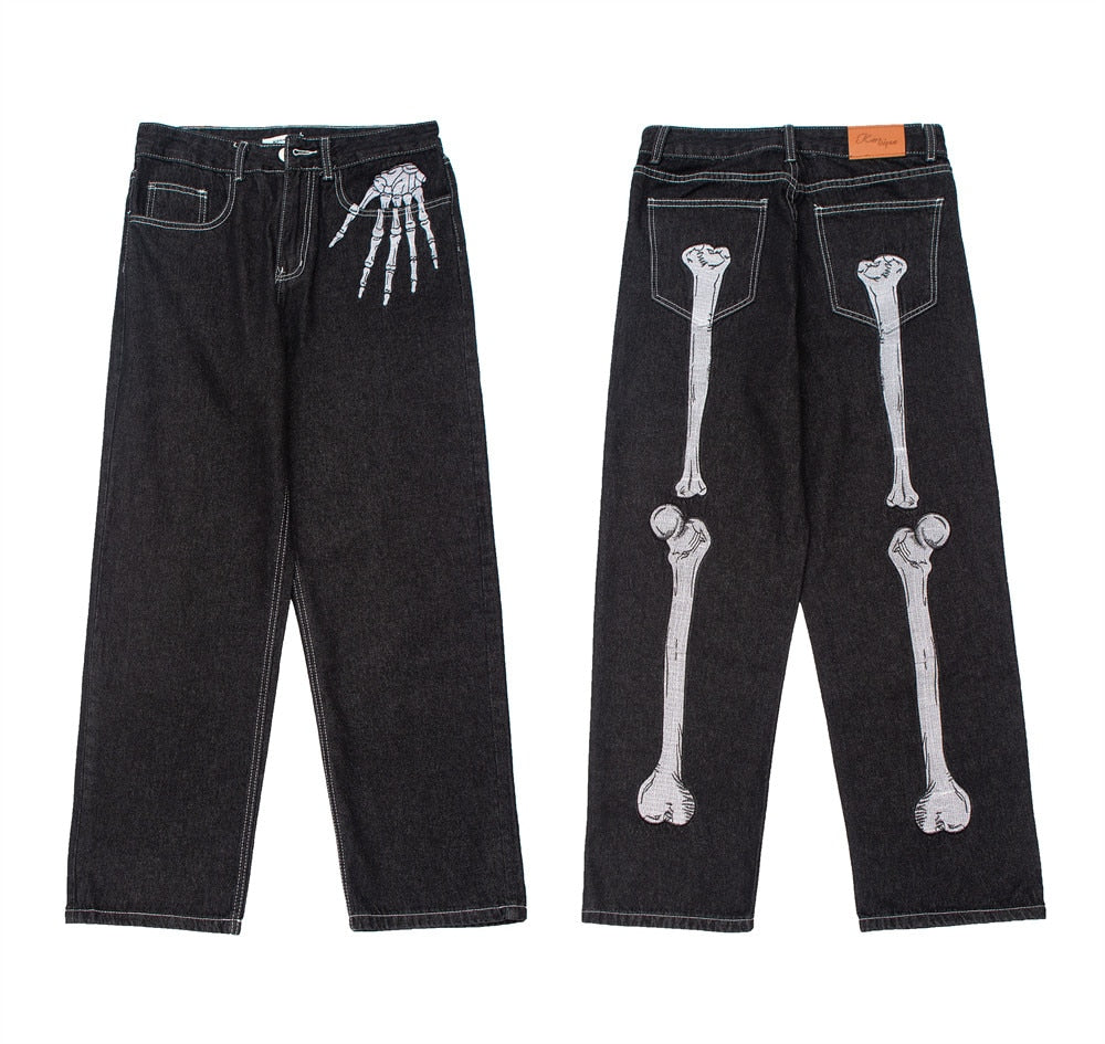 Retro Skull Hand Bone Embroidery Washed Mens Jeans Pants Y2K Straight Casual Oversize Denim Trousers Loose Streetwear Pantalones