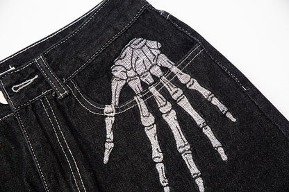 Retro Skull Hand Bone Embroidery Washed Mens Jeans Pants Y2K Straight Casual Oversize Denim Trousers Loose Streetwear Pantalones