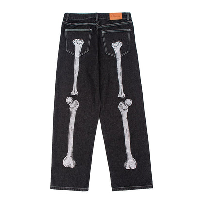 Retro Skull Hand Bone Embroidery Washed Mens Jeans Pants Y2K Straight Casual Oversize Denim Trousers Loose Streetwear Pantalones