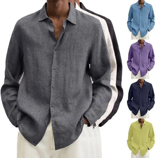 Spring Men Causal Linen Shirts Fashion Business Office Loose Lapel Long Sleeve Tops Beach Vintage Solid Color Button Clothing