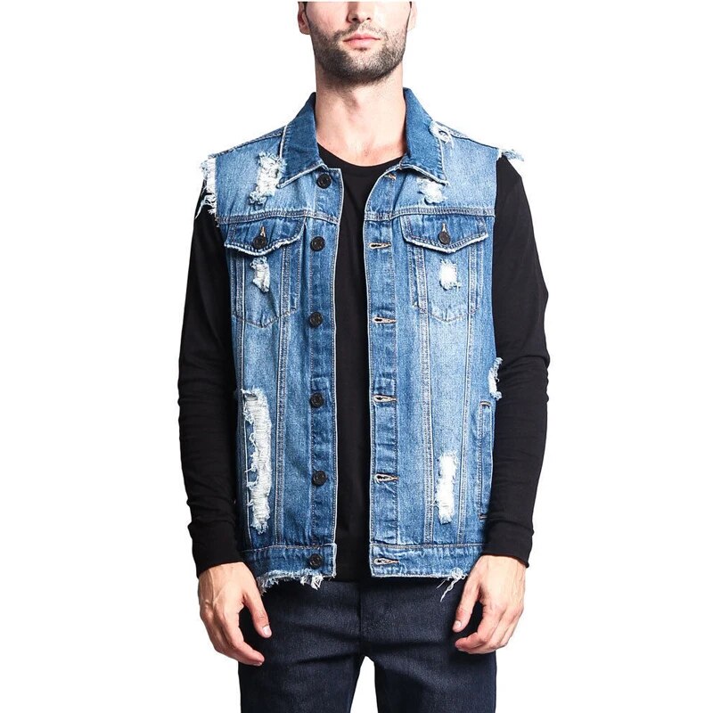 Summer Autumn Vintage Design Men's Denim Vest Male Retro Sleeveless Jackets Casual Ripped Hole Jean Waistcoats Clothing