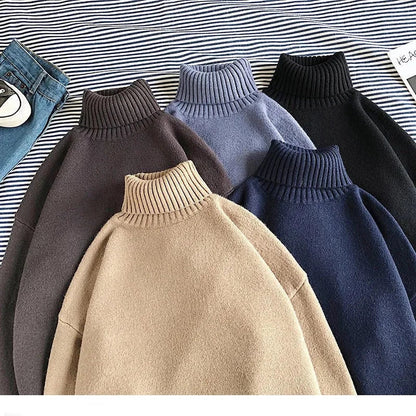 Winter Warm Men's Turtleneck Sweaters Solid Korean Man Casual Knitter Pullovers  Harajuku Male Fleece Sweaters