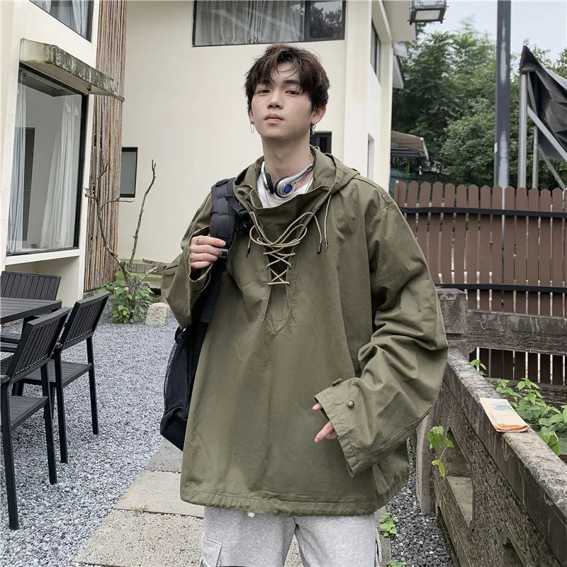 saferido Men's Fashion Bandage Hoodie Spring and Autumn Harajuku Hooded Jacket Youth Loose Streetwear Lounge Wear Korean Men's Clothing