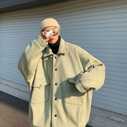 saferido Winter Thickened Short Woolen Coat Men Warm Fashion Oversized Woolen Coat Men  Korean Loose Woolen Jacket Mens Overcoat M-3XL