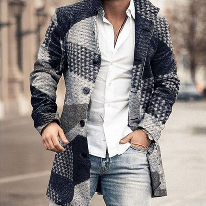 Man Single Breasted Jacket Plaid Button Long Slim Coat Long Sleeve  Autumn Winter Warm Casual Harajuku Street Outwear Retro