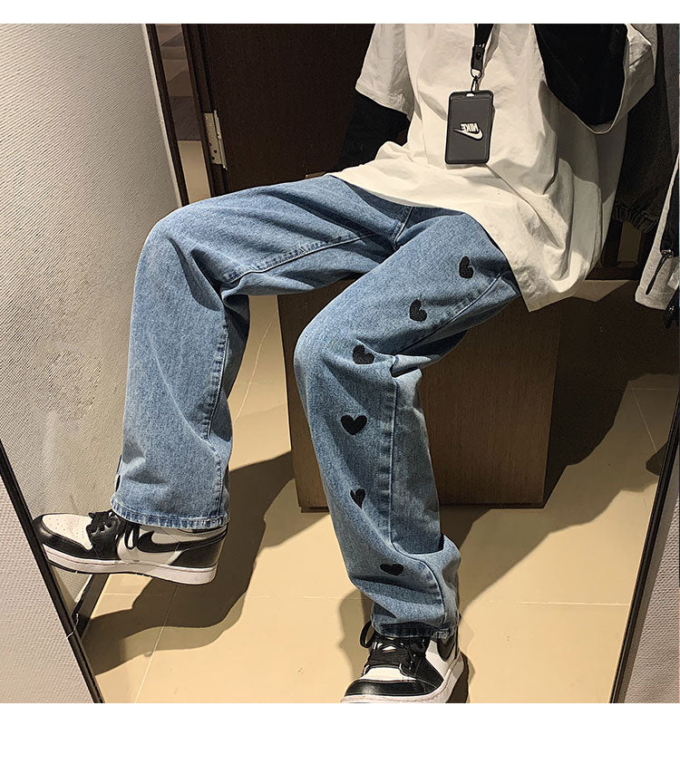 Men's Baggy Homme Straight Pants love Printing Jeans Fashion Blue/black Casual Pants Biker Denim Loose Trousers M-2XL