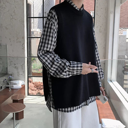 saferido Autumn Sweater Vest Men's Fashion O-neck Knitted Pullover Men Loose Korean Vest Knitting Sweaters Mens Clothes M-3XL