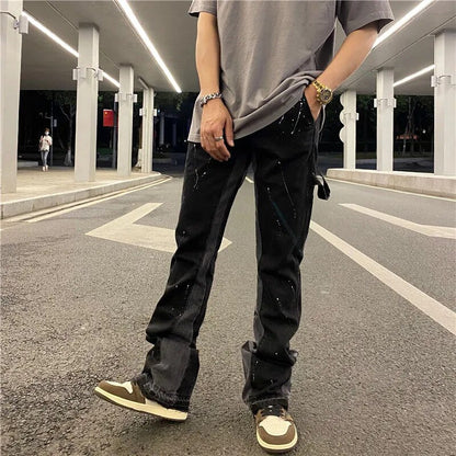 Streetwear Flared Pants Black Wide Leg Jeans Y2k Hip Hop Splashed Ink Jean Male Slim Patchwork Relaxed Fit Denim Pants for Men