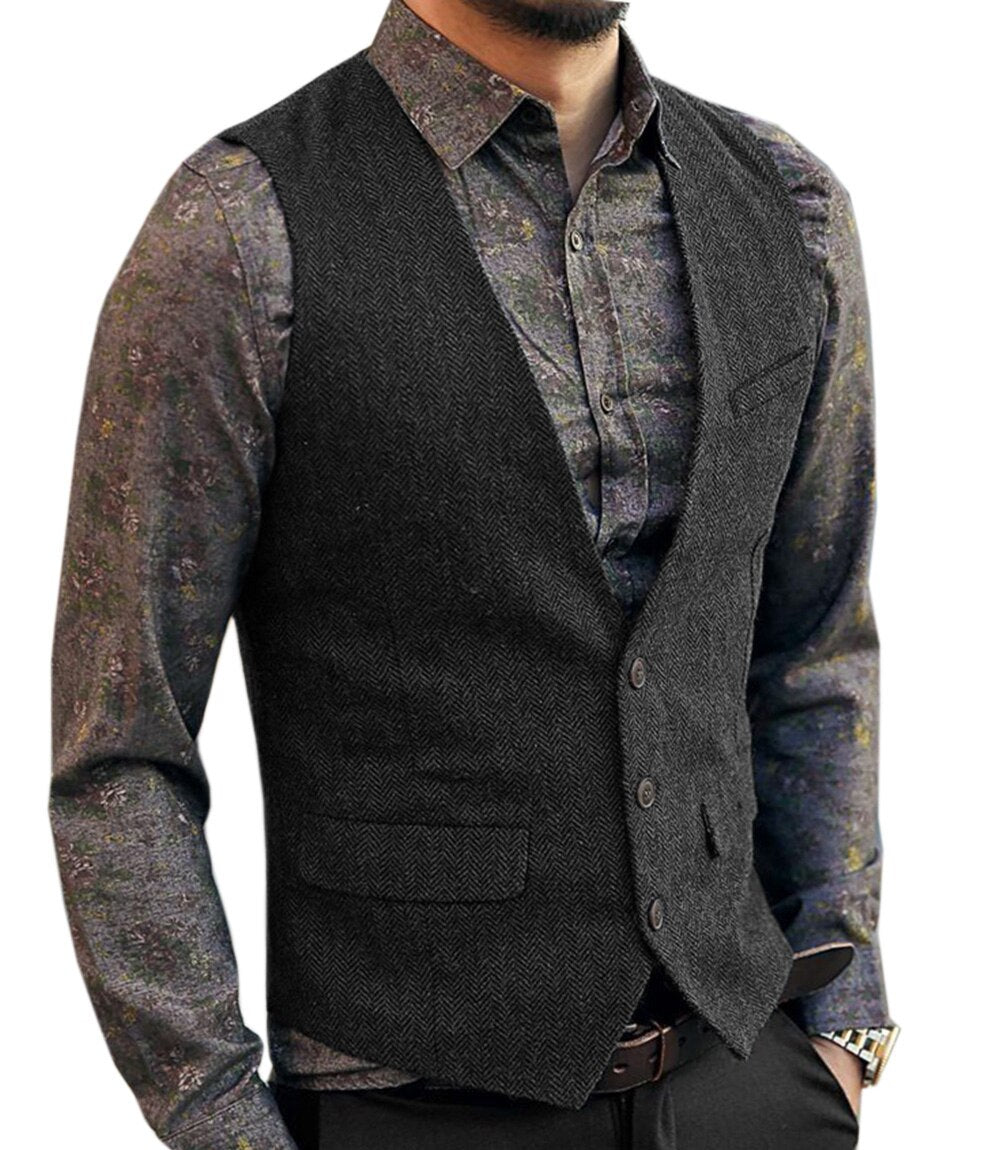 saferido       Men's Vest Suit Boutique Wool Tweed Slim Fit Leisure Cotton Male Gentleman Beckham Business Waistcoat For Wedding Groomsmen