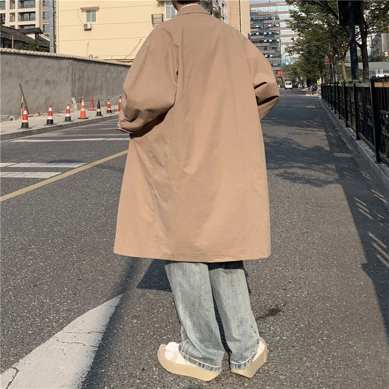 saferido Autumn Khaki/Black Trench Coat Men Fashion Casual Long Coat Men Korean Loose Oversized Windbreaker Jacket Mens Overcoat M-2XL