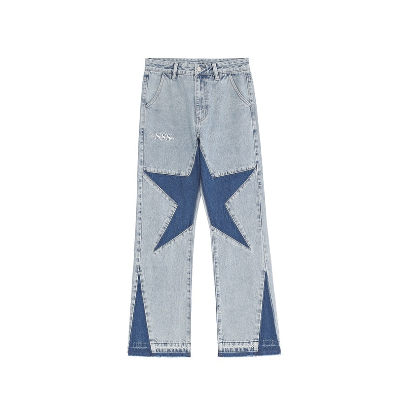 Harajuku Stars Letter Embroidery Patchwork Straight Flare Jeans Pants Mens Retro Ripped Oversized Casual Denim Trousers