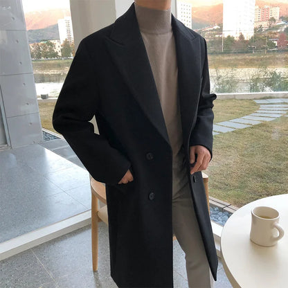 Men's Autumn Winter Mid Length Woolen Coat New Korean Tide Black Thickned Overcoat Long Sleeve Double-breasted Jackets