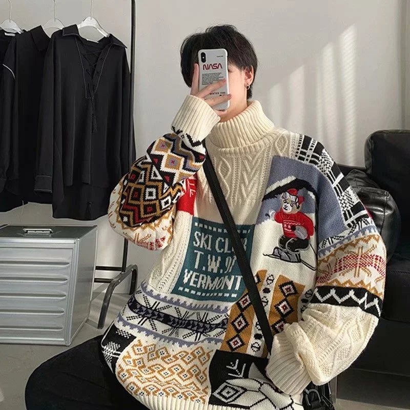 Winter Men Turtleneck Sweaters Christmas Ski Bear Knitted Pullovers Casual Sweaters Male Knitwear Hip Hop Pullovers