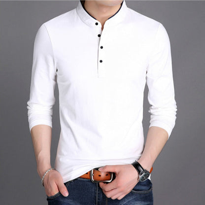 Spring Men's Long Sleeve T Shirts Half Buttons Stand Collar Cotton Pullovers Solid Casual Tops Comfy Korea Tide Slim Thin Tees