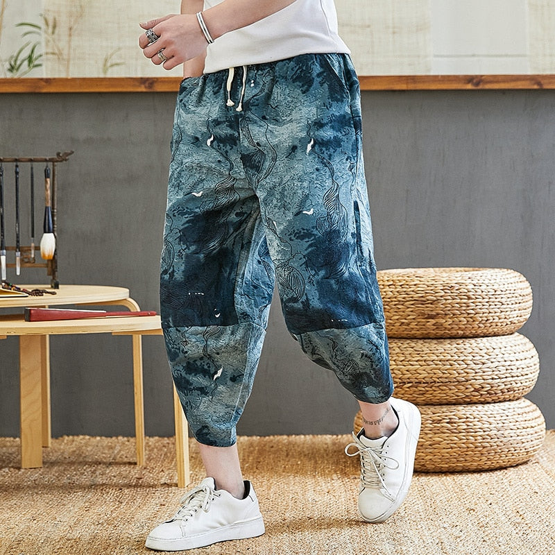 Baggy Cotton Harem Pants Men Summer Japanese Men Women Hip Hop Plus Size Wide Leg Pants Bloomers Calf-Length Pants Joggers