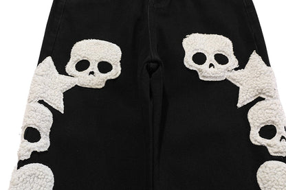 Skull and Five Stars Towel Embroidery Ripped Jeans Mens Pants Harajuku Vibe Style Streetwear Oversize Casual Denim Trousers