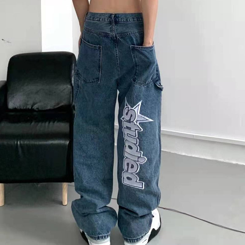 Retro Pockets Letter Embroidery Ripped Casual Jeans Men and Women Straight Harajuku Oversize Streetwear Denim Trousers