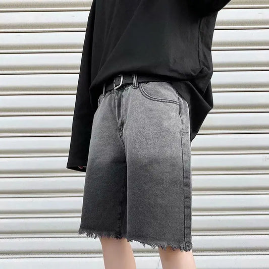 saferido Summer Gradient Denim Shorts Men's Fashion Retro Denim Shorts Mens Streetwear Korean Loose Hip-hop Straight Denim Shorts Men