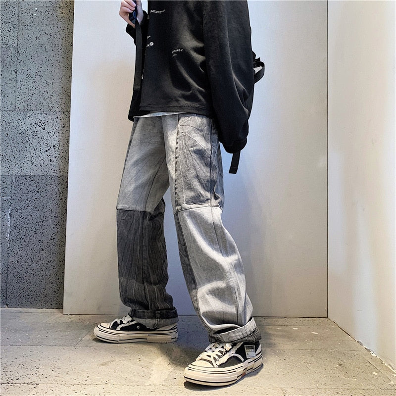 Korean Style Fashion Men's Denim Wide-leg Pants New Autumn Loose Straight-leg Jeans Paneled Denim Trousers Male