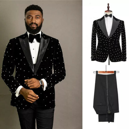 New Pearl Beading Men Suits Costume Homme Groom Wear Tuxedos Wedding Terno Masculino Slim Fit 2 Pieces Blazer(Jacket+Pants)