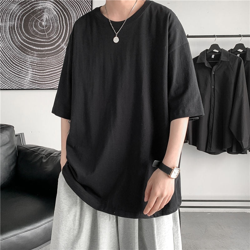 HYBSKR Summer Man T-shirts Short Sleeve Solid Color Casual Oversized T Shirt Men Harajuku Hip Hop Cotton Men's Clothing Tops Tee