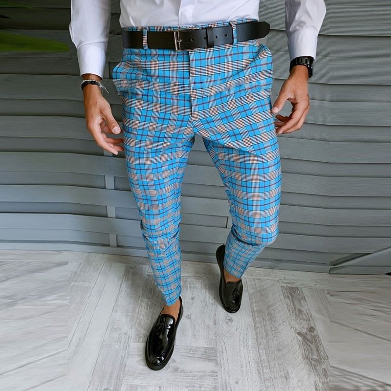 Spring Men Pants Business Slim Fit Beltless Plaid Stripe Print Suit Pants Autumn Buttoned Streetwear Male Trousers Harajuku