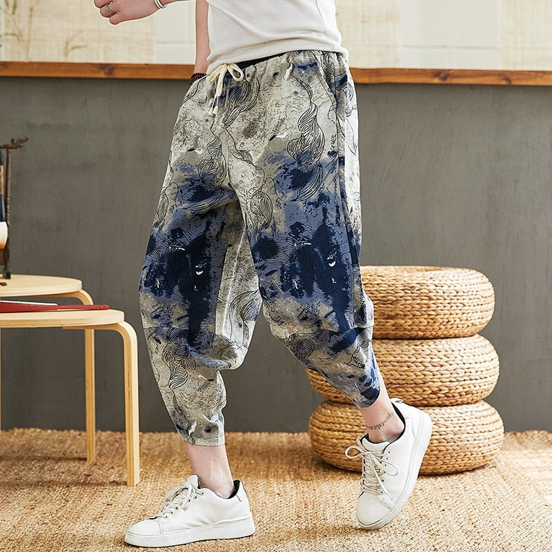 Baggy Cotton Harem Pants Men Summer Japanese Men Women Hip Hop Plus Size Wide Leg Pants Bloomers Calf-Length Pants Joggers