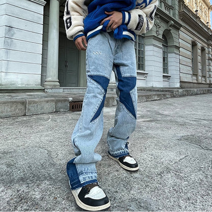 Harajuku Stars Letter Embroidery Patchwork Straight Flare Jeans Pants Mens Retro Ripped Oversized Casual Denim Trousers