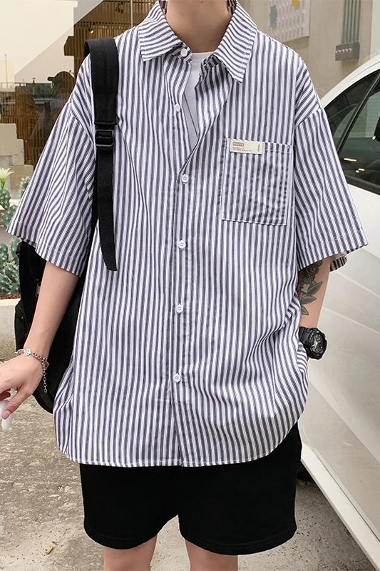 saferido Rocking k Summer Stripe Shirt Men's Korean fashion ins short sleeve shirt men's BF Harajuku handsome top loose casual coat