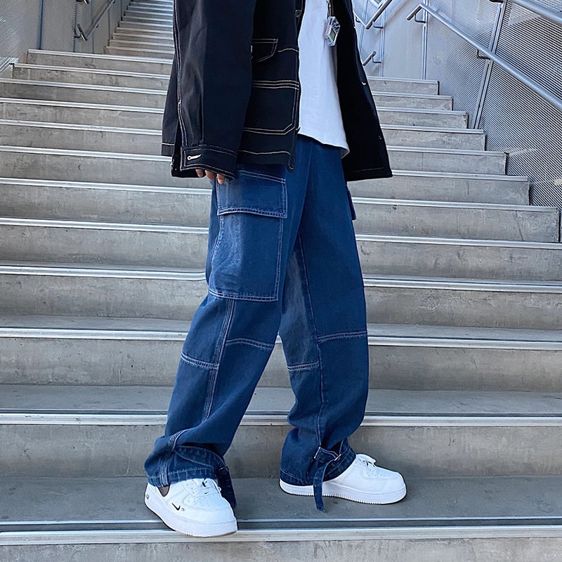 Men Jeans Wide Leg Denim Cargo jean pants Loose Straight Baggy Men's Jeans hip hop Streetwear Skateboard  Neutral denim Trousers