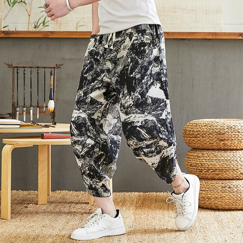 Baggy Cotton Harem Pants Men Summer Japanese Men Women Hip Hop Plus Size Wide Leg Pants Bloomers Calf-Length Pants Joggers