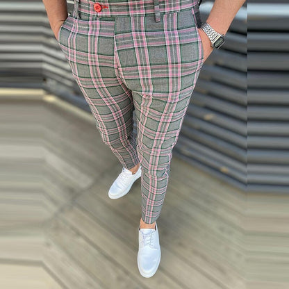 Spring Men Pants Business Slim Fit Beltless Plaid Stripe Print Suit Pants Autumn Buttoned Streetwear Male Trousers Harajuku