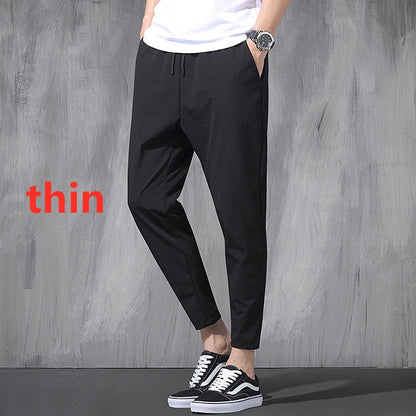 New Korean Ice Silk Elastic Trousers Four Seasons Thin Casual Men'S Loose 9-Point Large Size Small Foot Sports Pants Spring