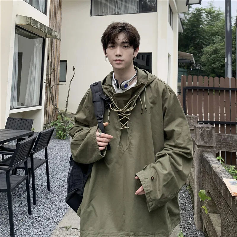 saferido Men's Fashion Bandage Hoodie Spring and Autumn Harajuku Hooded Jacket Youth Loose Streetwear Lounge Wear Korean Men's Clothing