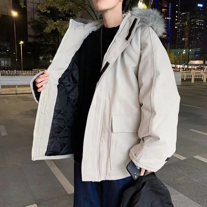 saferido Winter big wool collar cotton padded clothes men's fashion ins coat loose Korean tooling cotton padded jacket thickened