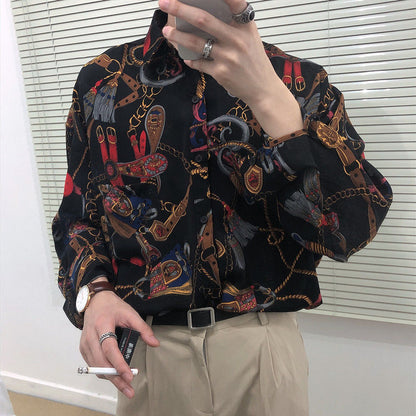 Vintage Fashion  Beach Hawaii Shirts for Men Harajuku Floral Print Long Sleeve Casual Loose Blouse Button Up Shirt