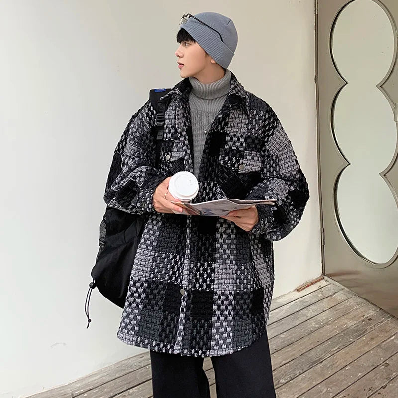 saferido Autumn Plaid Jacket Men Fashion Retro Pocket Casual Jacket Men Streetwear Korean Loose Lapel Coat Mens Outerwear M-2XL