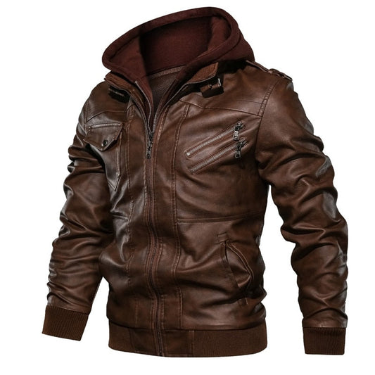 New Autumn Winter Men's Leather Motorcycle Jacket PU Leather Hooded Jacket Warm Baseball Jacket Euro Size Coat