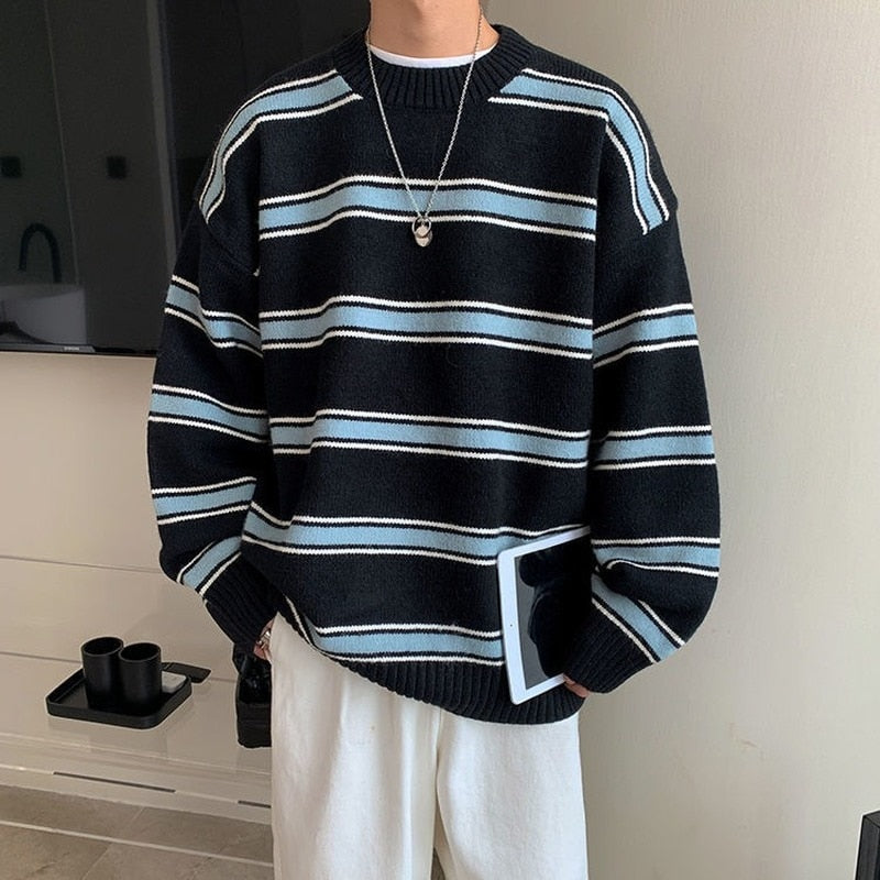 saferido       Striped Sweater Men Round Neck Winter Pullover Sweater Korean Fashion Harajuku Loose Wild Long Sleeve Sweater Oversize