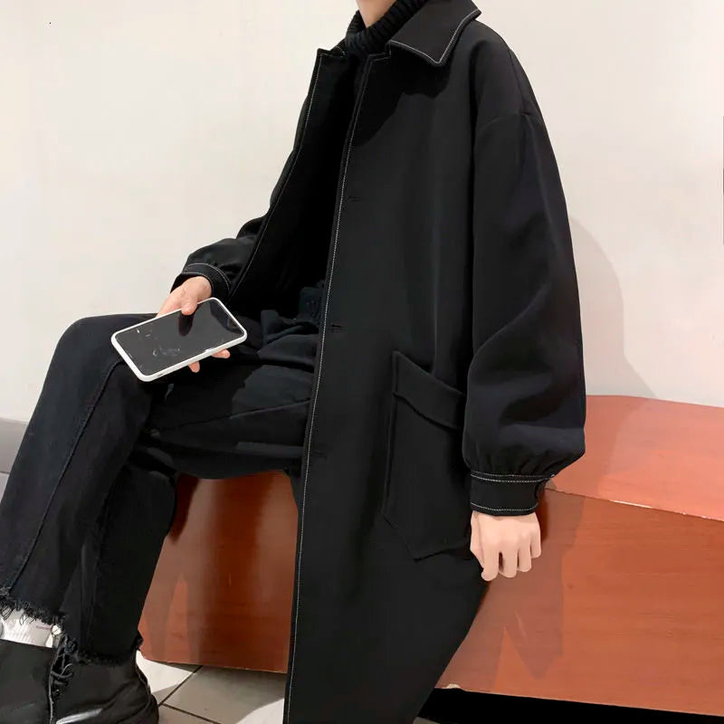 saferido Autumn Black Trench Coat Men's Fashion Casual Long Coat Men Streetwear Korean Loose Oversize Windbreaker Jacket Mens Overcoat