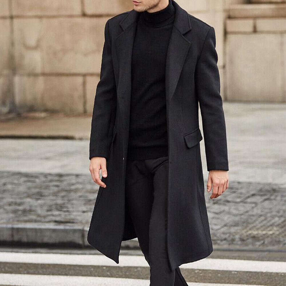 40%Winter Men's Coat Solid Color Long Sleeve Button Jacket Men's Coat Street Style Mid-Length Trench Coat