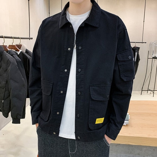 Large Size Jackets Men Basic Soft Letter Pockets Autumn Wind Breaker Turn-down Collar Teenagers S-4XL Cargo Outwear