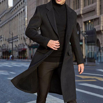 40%Winter Men's Coat Solid Color Long Sleeve Button Jacket Men's Coat Street Style Mid-Length Trench Coat