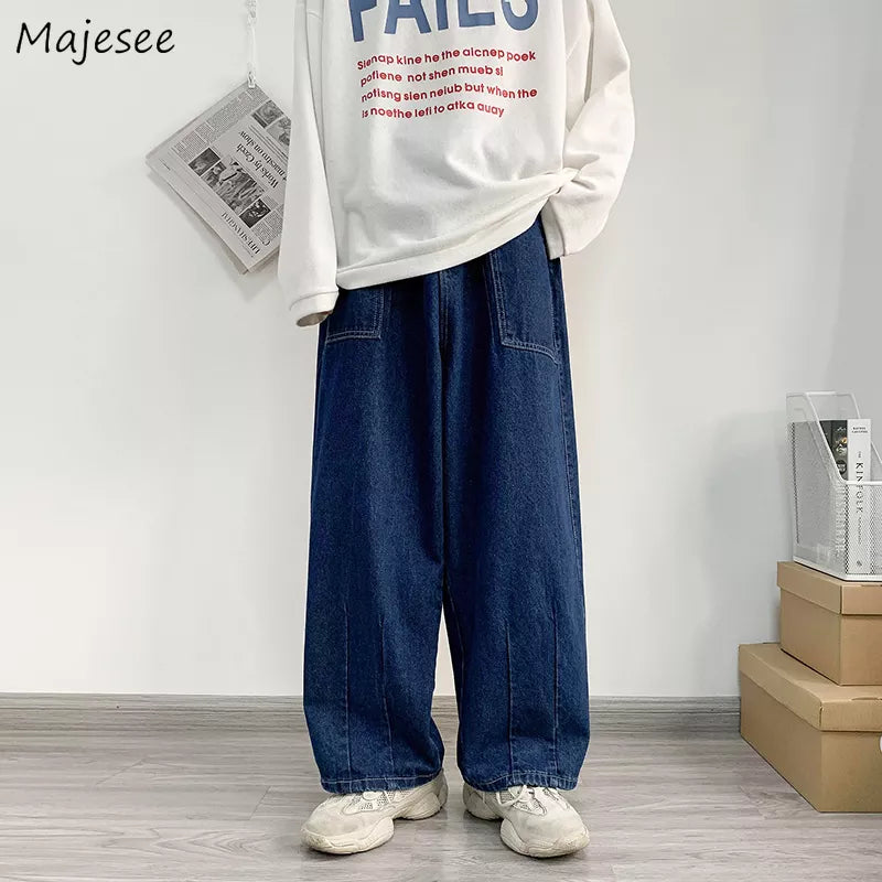 Men Wide Leg Jeans Baggy Retro Blue Japanese Simple Leisure Stylish Soft All-match Pocket Large Size S-3XL Solid New-fashion Hot