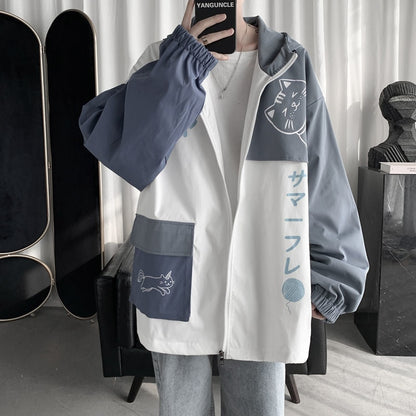 Men's Streetwear Bomber Jacket Fashion Trend Coats Cartoon Printing Windbreaker Loose Pink/blue Color Outerwear Size S-3XL