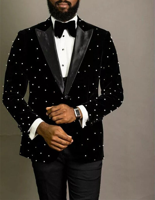 New Pearl Beading Men Suits Costume Homme Groom Wear Tuxedos Wedding Terno Masculino Slim Fit 2 Pieces Blazer(Jacket+Pants)